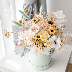 yellow mint and white preserved flowers 